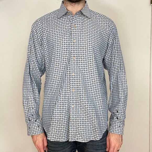 Robert Graham Button Down Check Shirt Size Large Cotton Blue Brown Spread Collar - Picture 1 of 13